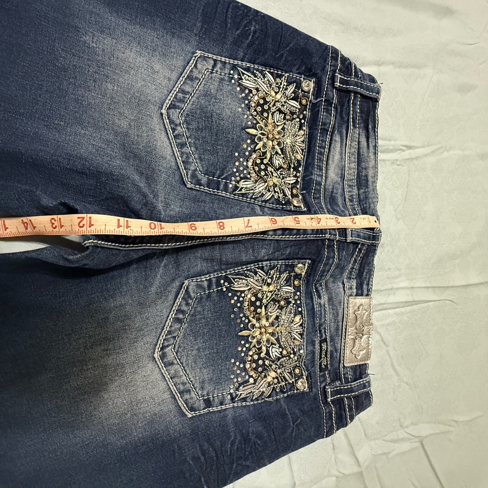 Miss Me Blue Jeans with Gold Embroidery and Contrast Stitching
